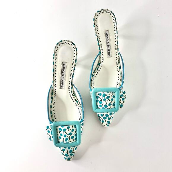 Manolo Blahnik Maysalebi Flower Print Pointed Toe Kitten Heel Mules Pumps 36 - Picture 2 of 8